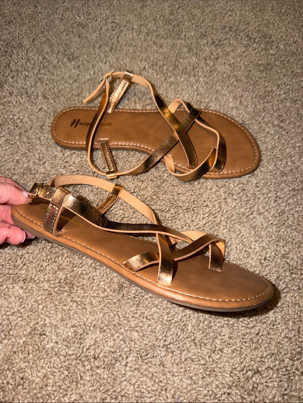 Metallic Bronze Strappy Flat Sandals with Adjustable Ankle Strap